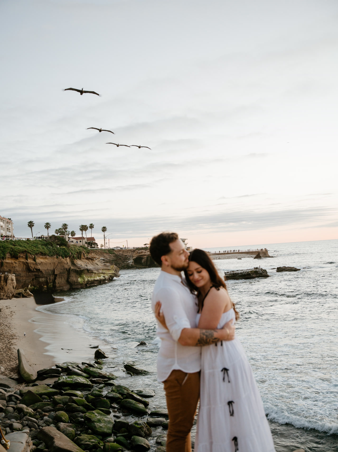 Embracing by the ocean with pelicans